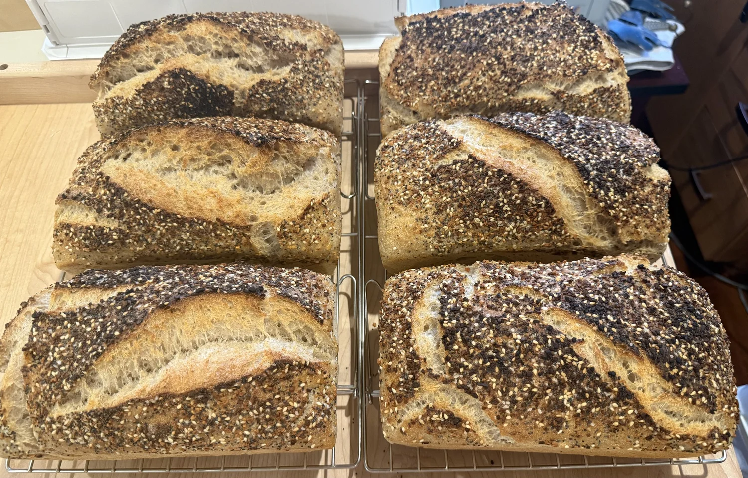 Fresh everything loaves cooling on racks